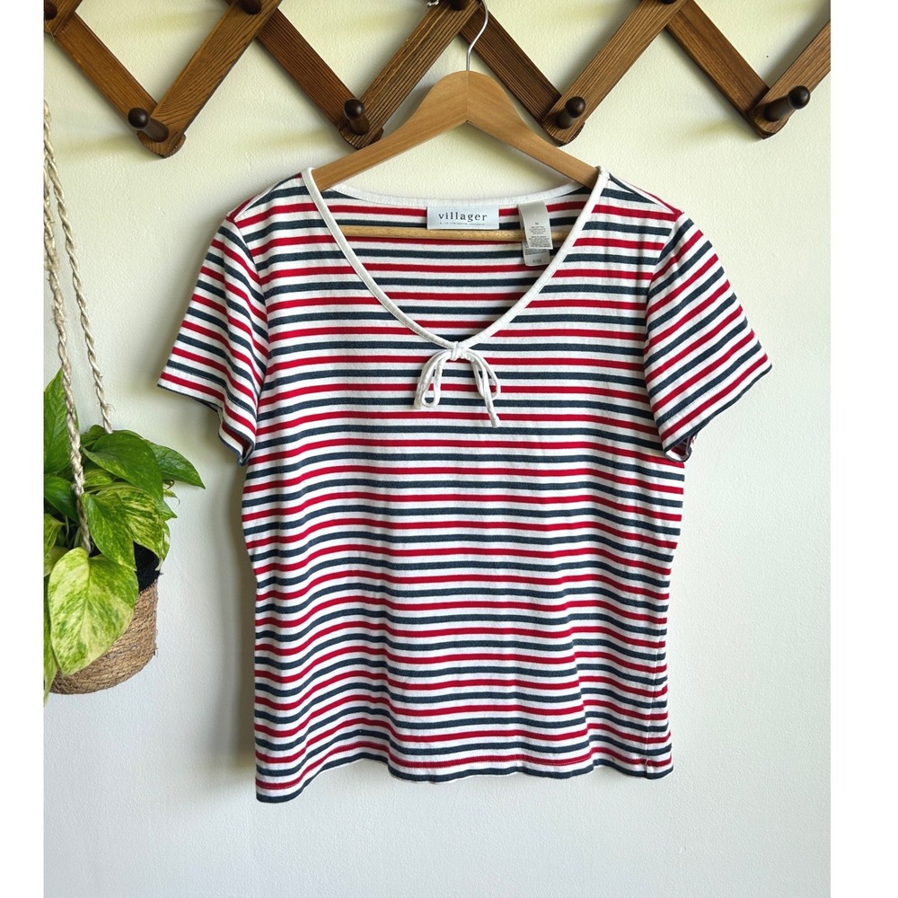 Villager Liz Claiborne Top Womens Medium Red White Blue Striped V-Neck Tie Front